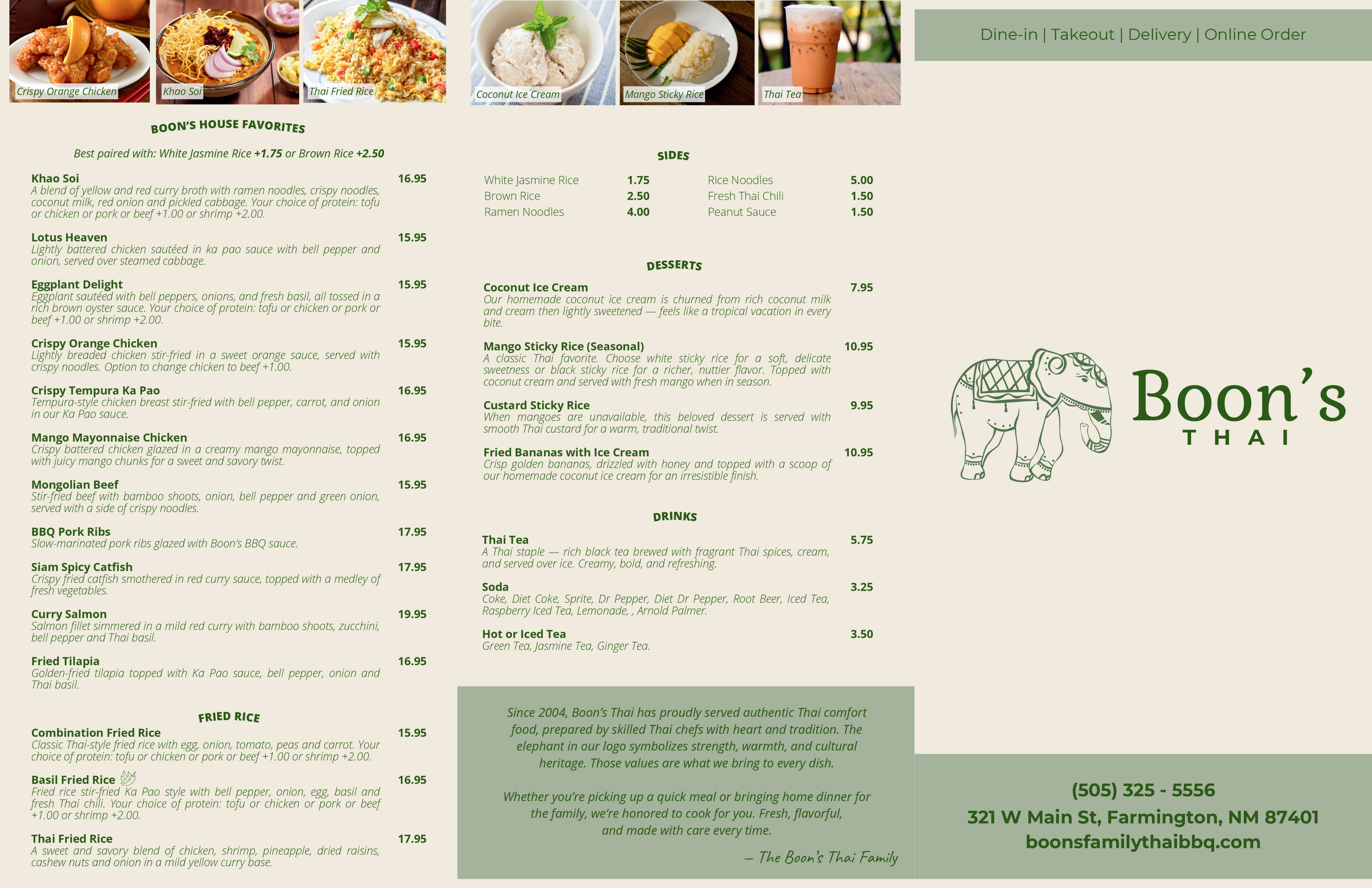 Menu for Boon's Thai (Farmington, NM) featuring Thai favorites like Khao Soi, Crispy Orange Chicken, desserts (Coconut Ice Cream), sides, drinks, and restaurant details (address, phone).