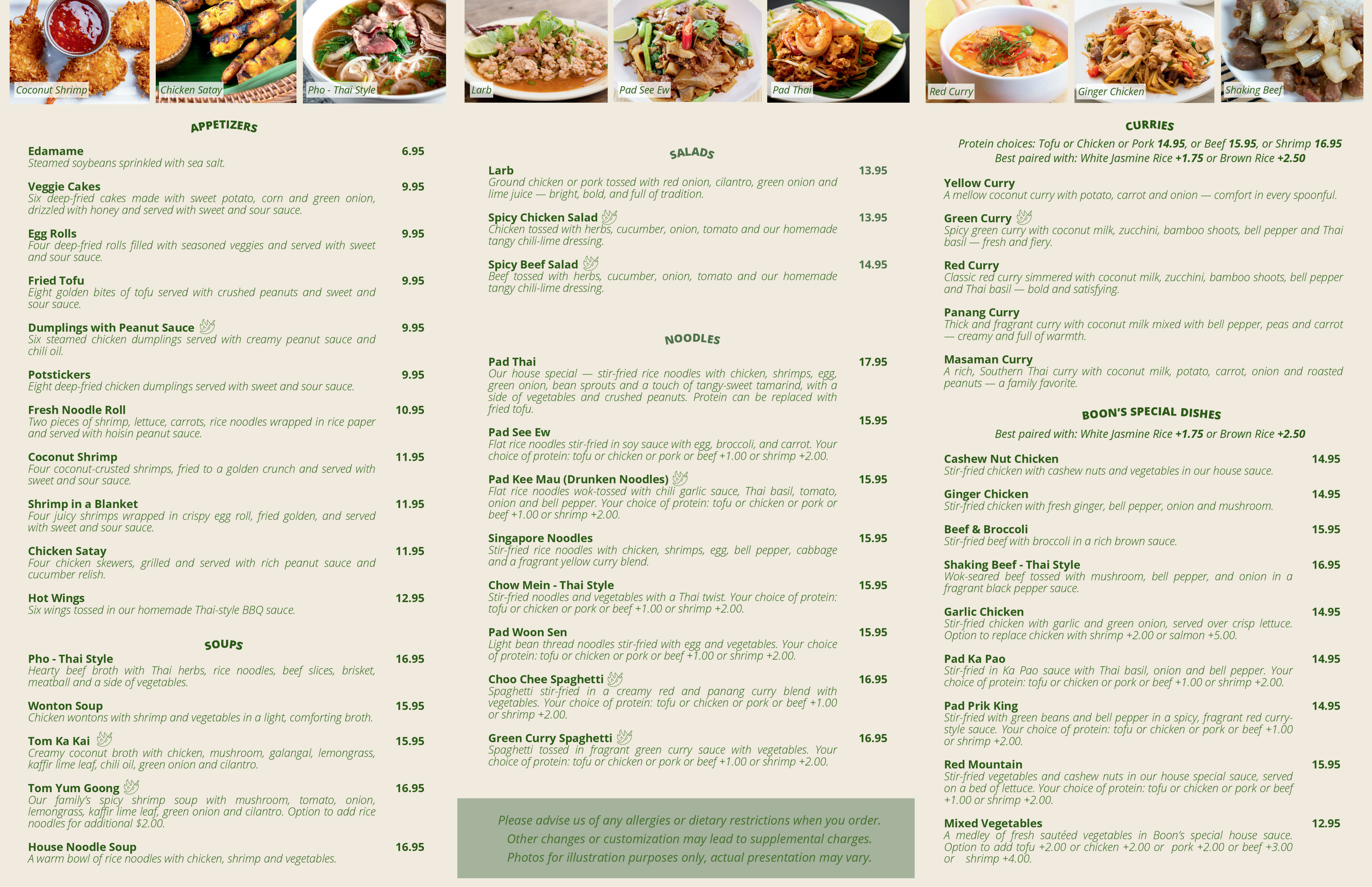 Takeout menu for Boon's Thai (Farmington, NM) including Thai favorites, fried rice, sides, desserts, drinks, and restaurant contact details.