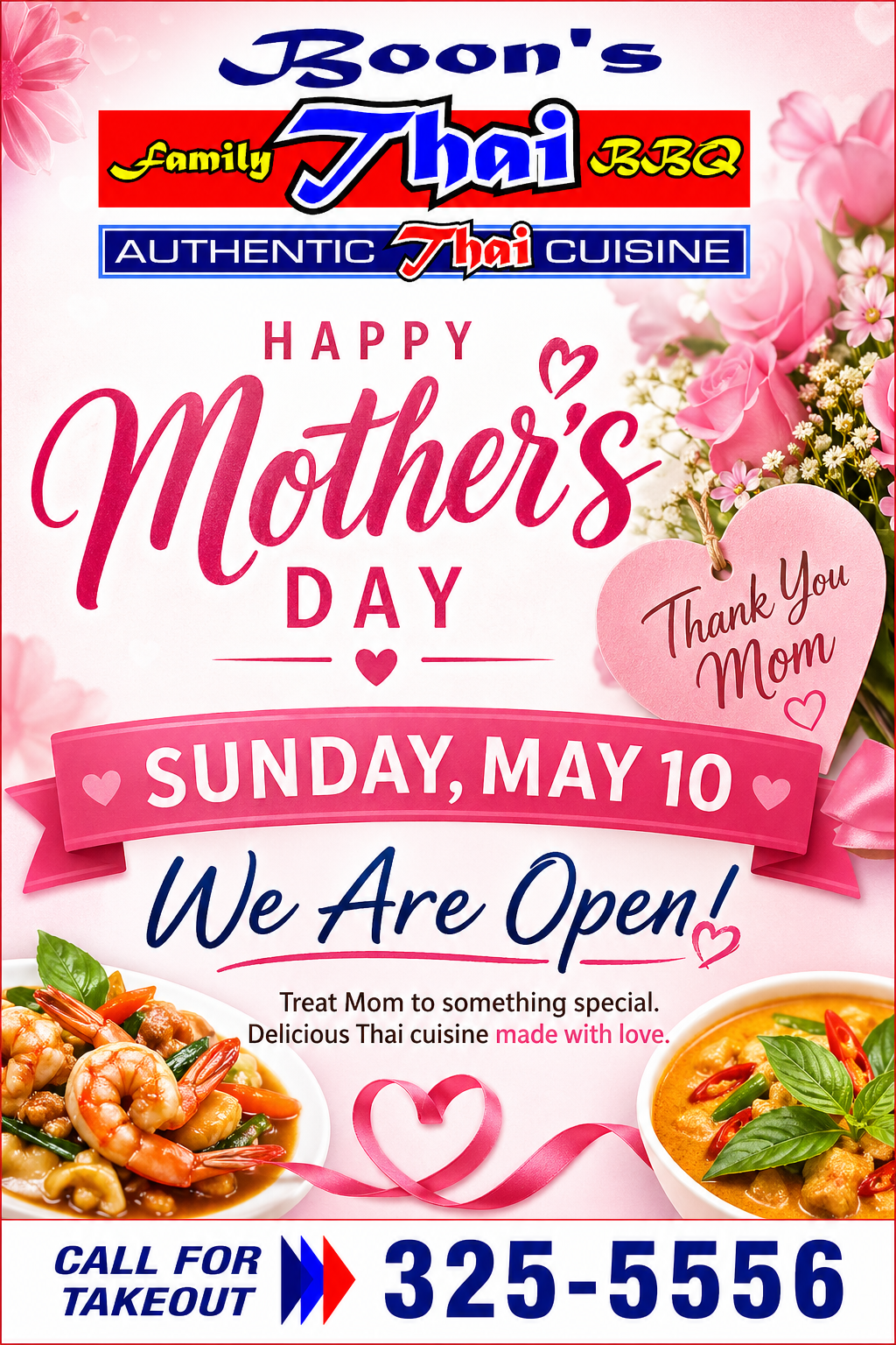 Mother’s Day Thai restaurant poster – Boon’s Family Thai BBQ open Sunday May 10